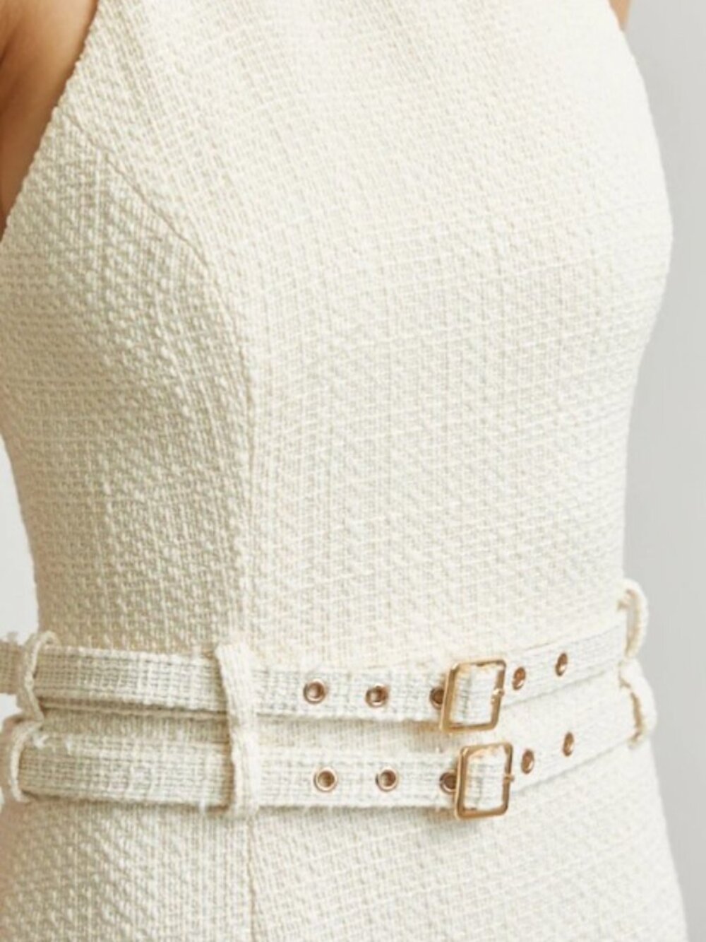 B03. Cream Luxe Halter Pleated Maxi Dress with Double Belt Detail - Picture 3 of 4